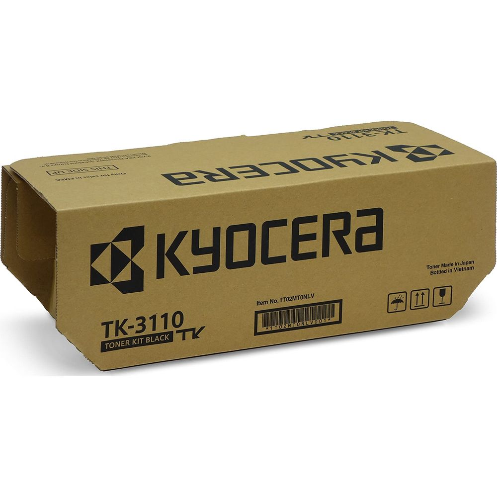Scatola toner Kyocera TK-3110 nero. Fabbricato in Giappone, imbottigliato in Vietnam.