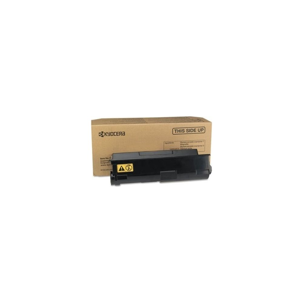 Cartuccia toner Kyocera in scatola. Cartuccia nera con simboli di avvertimento.