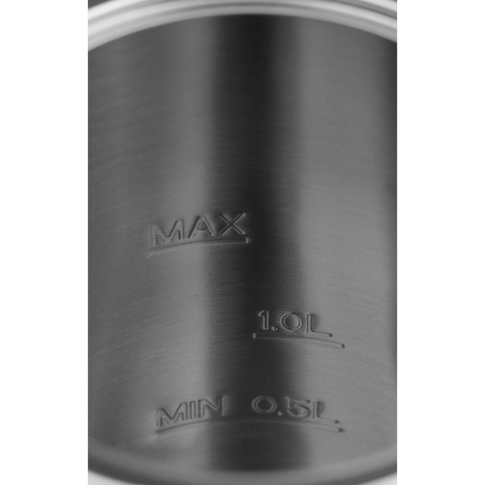 Edelstahlkessel mit Markierungen für MAX, 1.0L und MIN 0.5L.