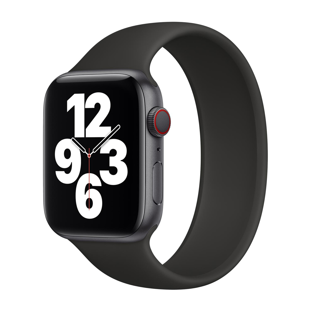 Uno smartwatch grigio scuro con schermo nero e numeri bianchi.