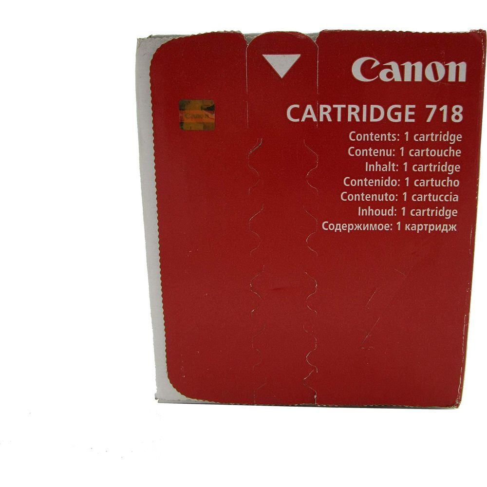 Czerwone pudełko Canon cartridge 718 z tekstem w wielu językach.