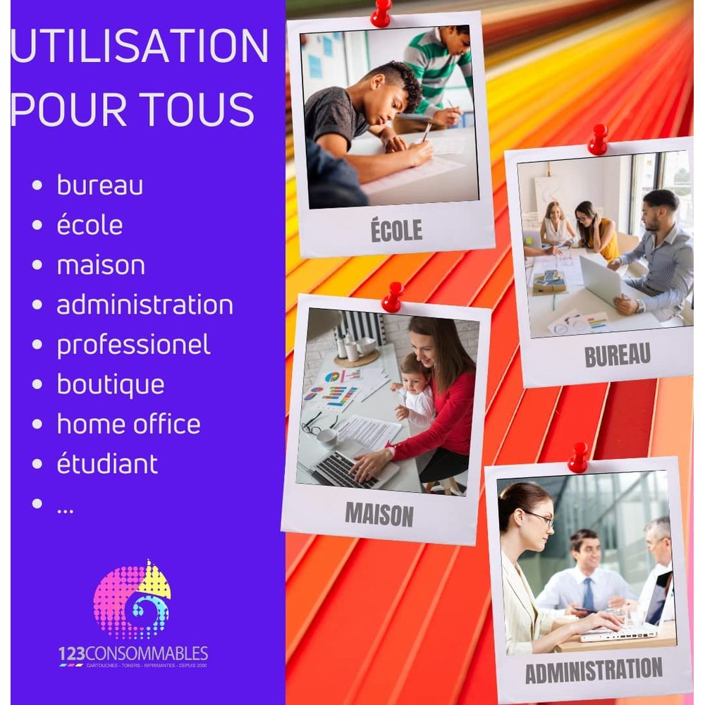 Kilka zdjęć przedstawia różne scenariusze użycia: szkoła, biuro, dom i administracja.