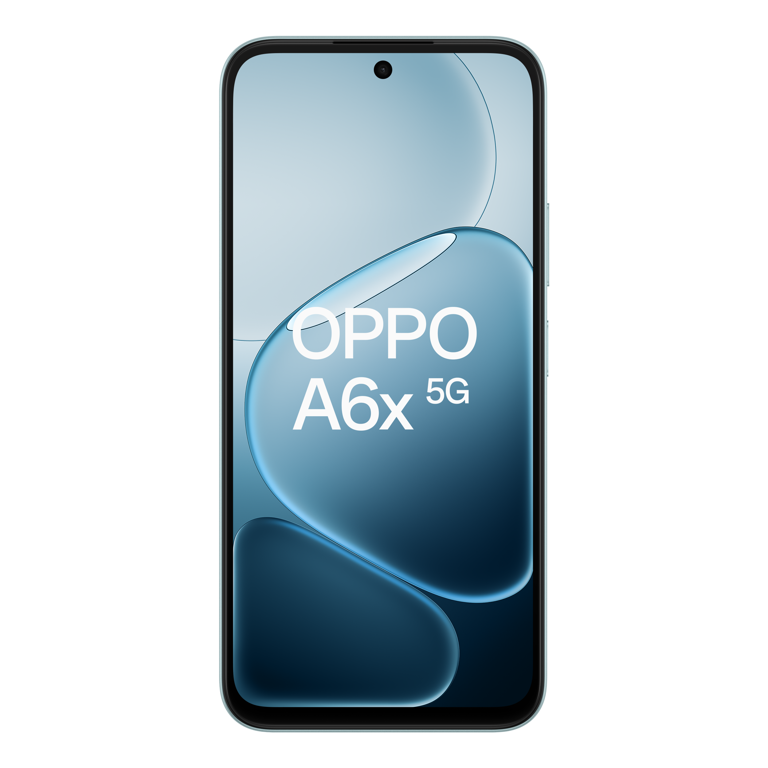 Jasnoniebieski smartfon OPPO A6x 5G na czarnym tle.