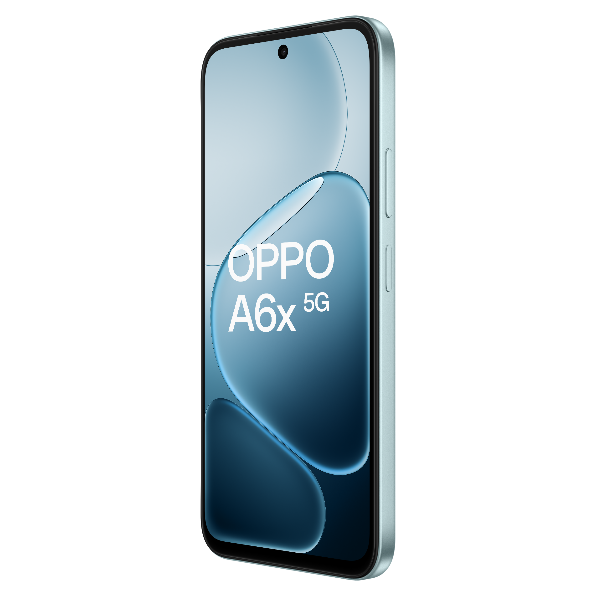 Jasnozielony smartfon OPPO A6x 5G z niebieskim wzorem fal na ekranie.