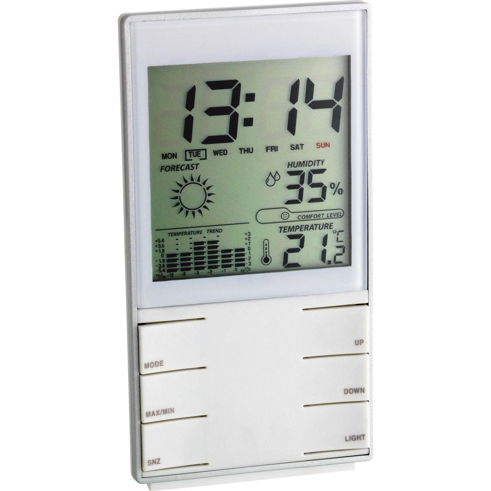 Digitaluhr zeigt Zeit, Wettervorhersage, 35% Luftfeuchtigkeit, 21.2 Grad.