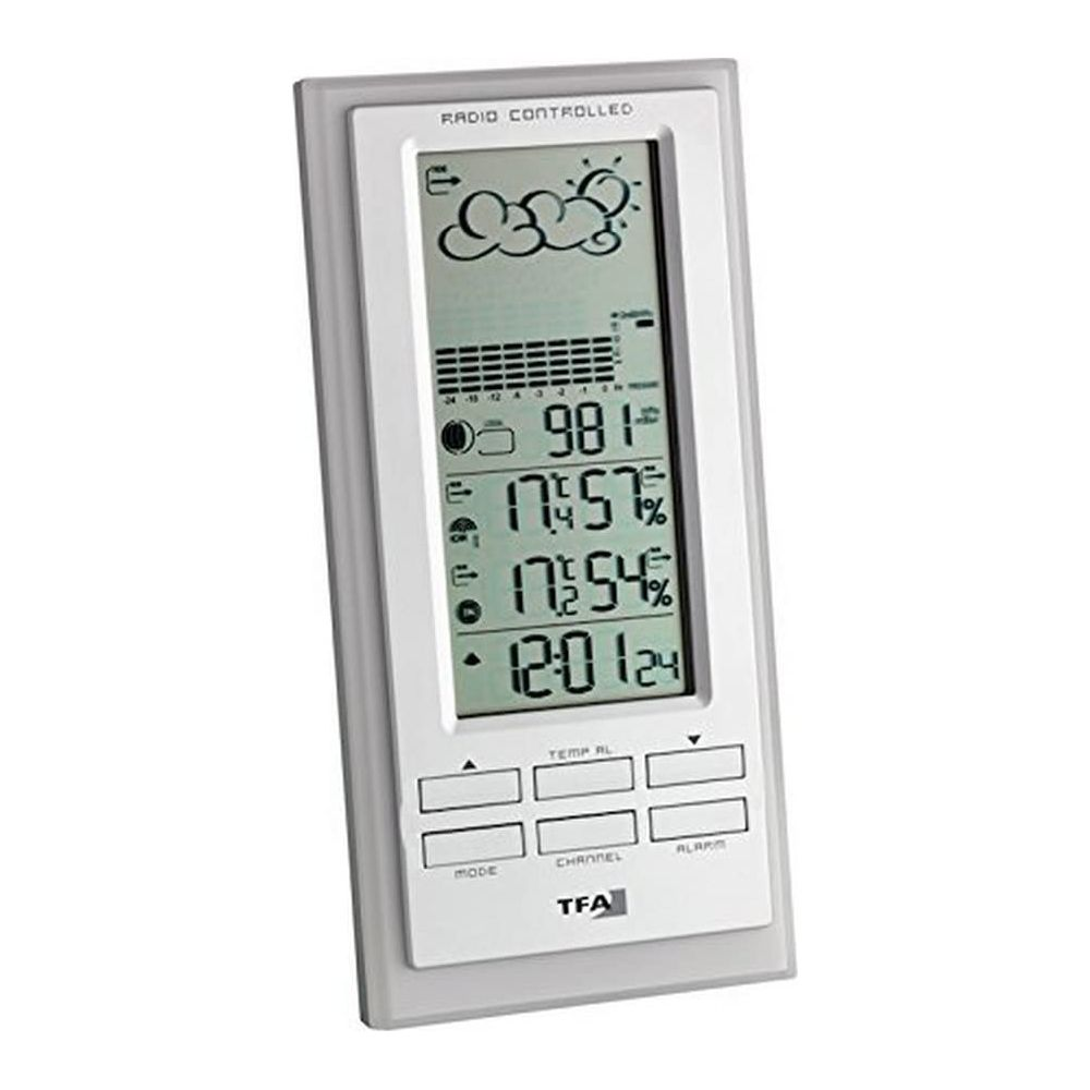 Digitale Wetterstation zeigt Zeit, Temperatur und Luftfeuchtigkeit an.