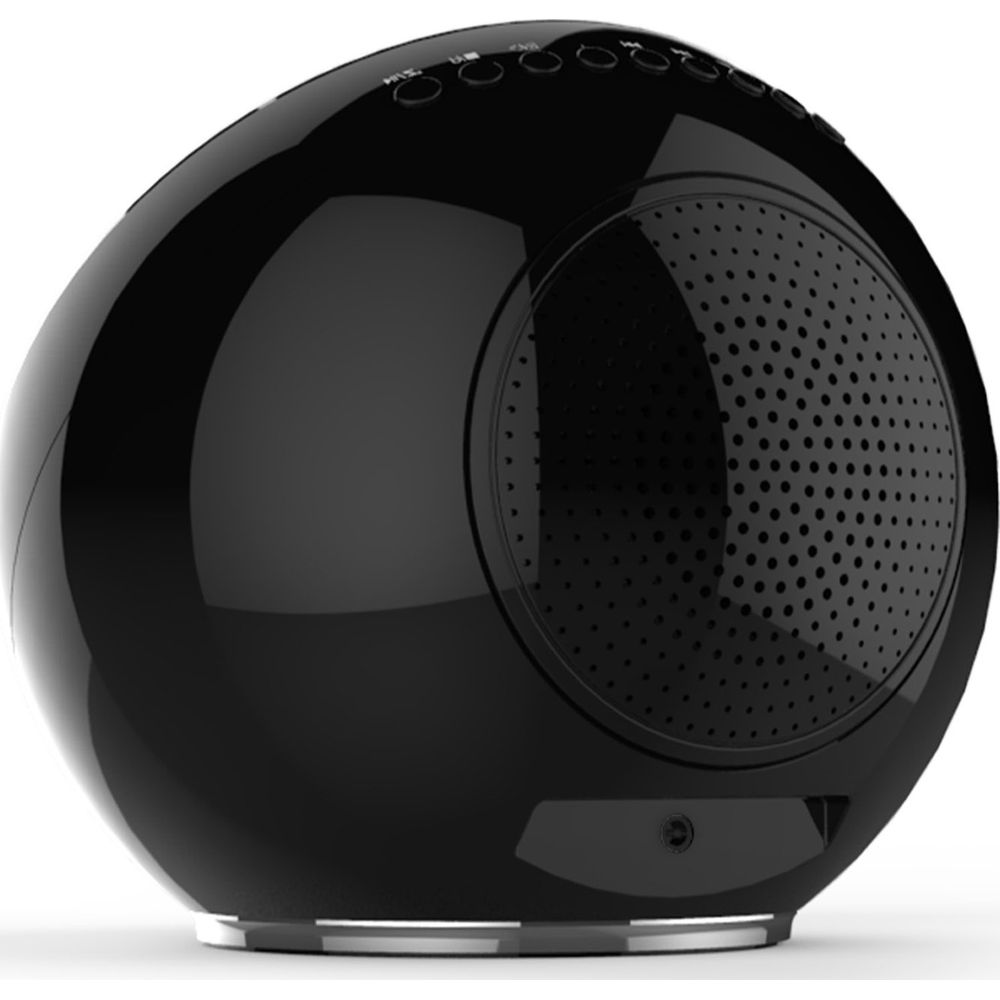 Błyszczący czarny okrągły głośnik z wieloma małymi otworami i przyciskami na górze.