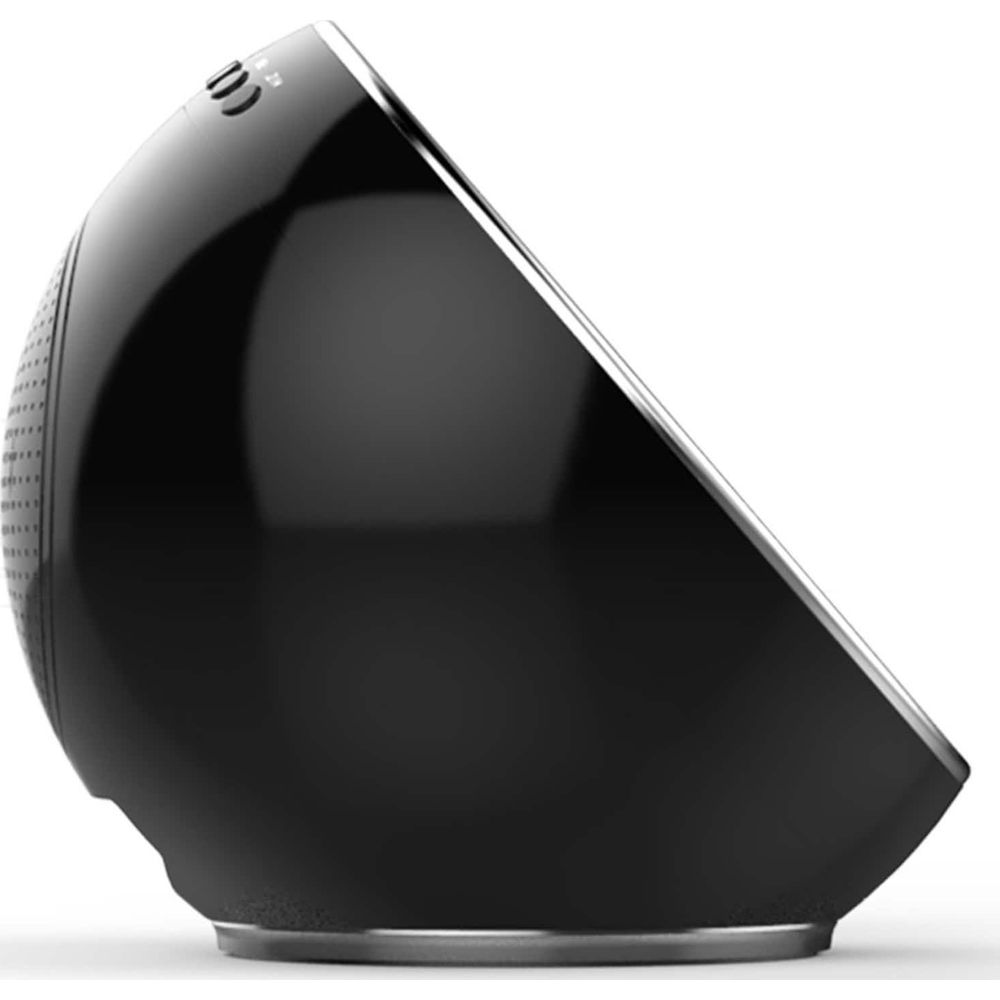 Czarny, błyszczący, kulisty głośnik z srebrną krawędzią.