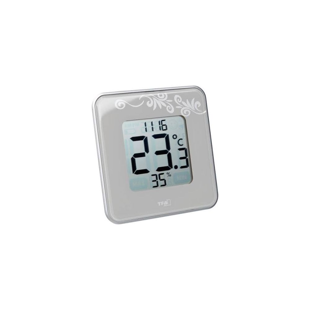 Ein digitaler Thermometer zeigt 23,3 Grad Celsius und 35% Luftfeuchtigkeit an.
