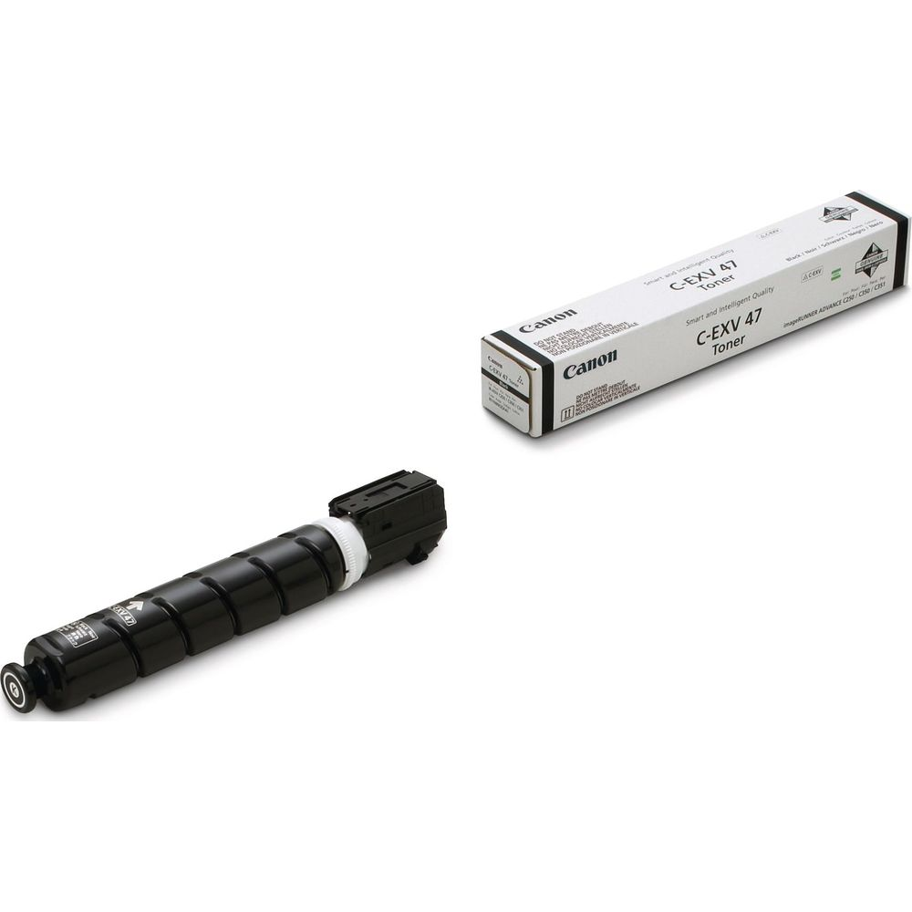 A black Canon C-EXV 47 toner cartridge and its packaging.