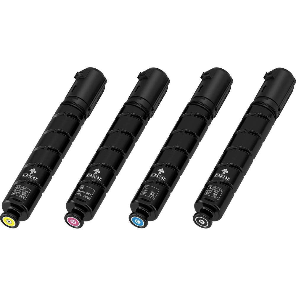 Four black toner cartridges for printers in yellow, magenta, cyan, and black.