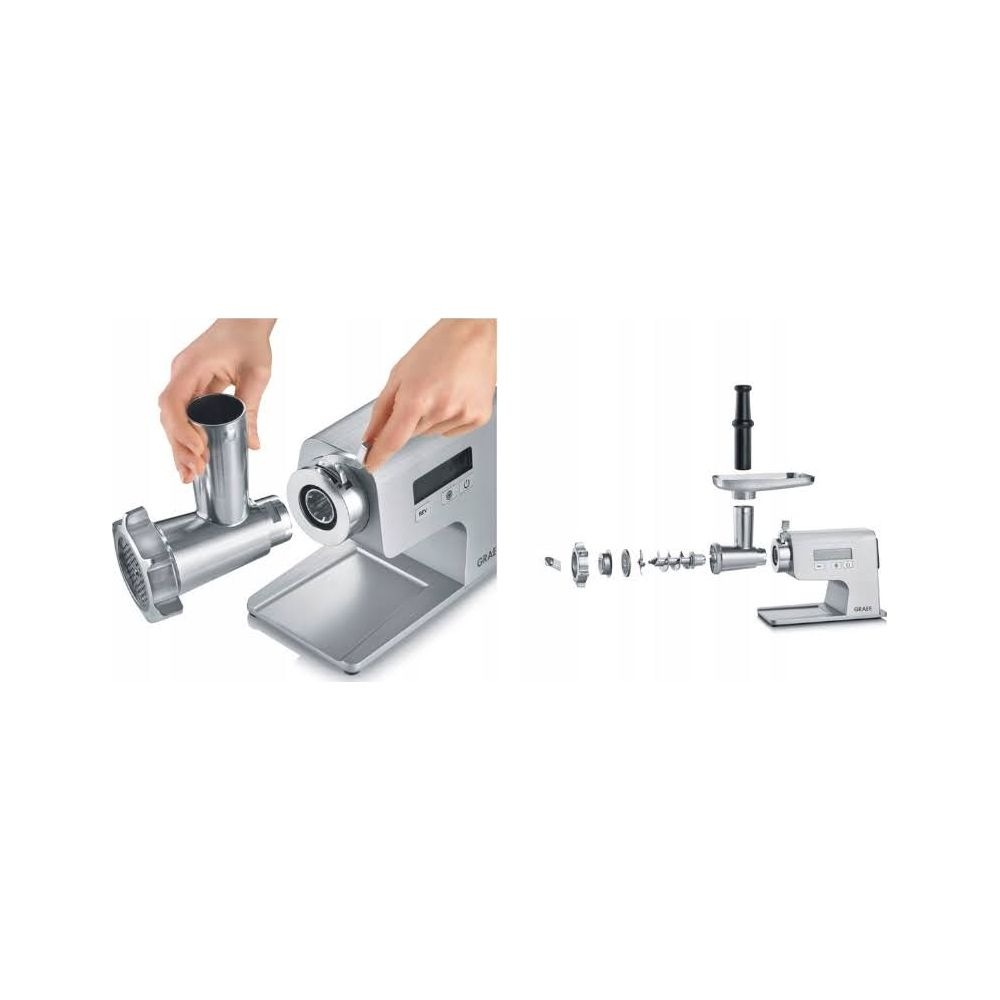 Srebrna maszynka do mięsa pokazana jest w wersji złożonej i rozłożonej.