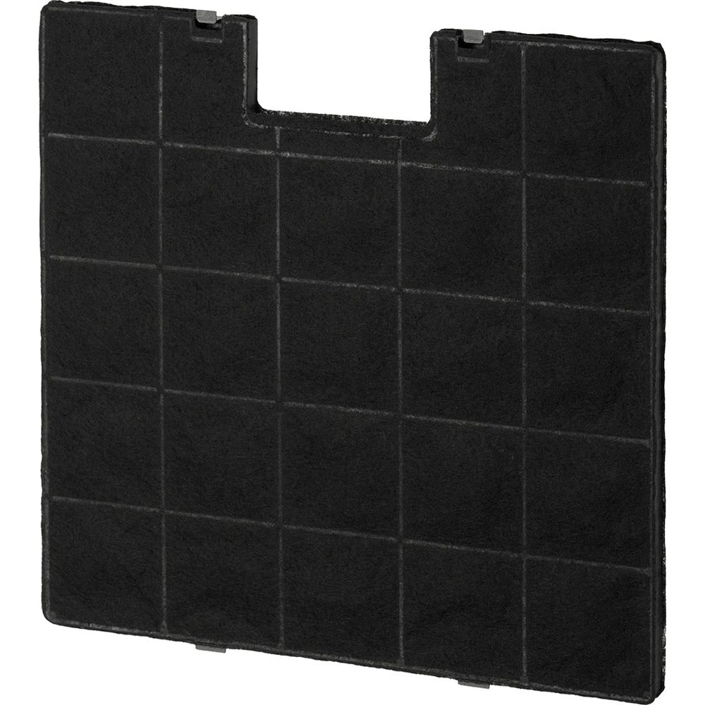 Schwarzer Aktivkohlefilter mit rechteckigem Ausschnitt und Gitternetzmuster.