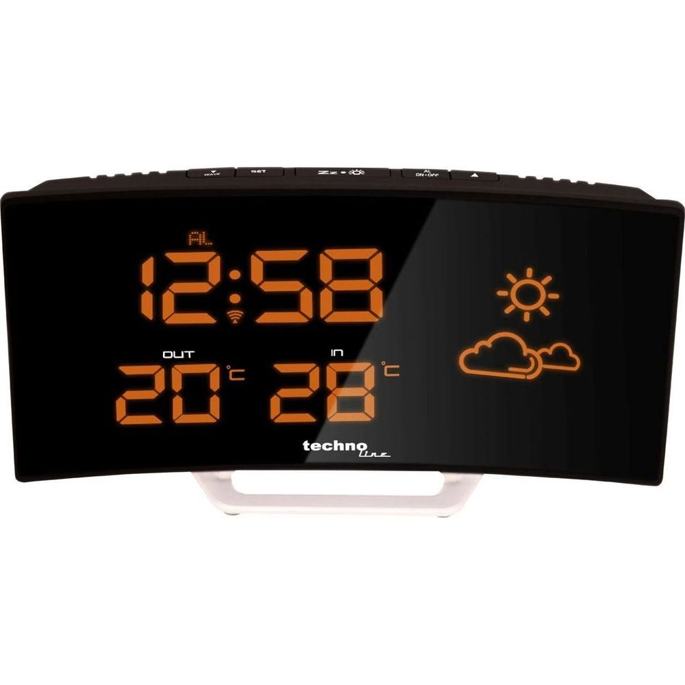 Orologio digitale mostra 12:58, ext. 20°C, int. 28°C, sole e nuvole.