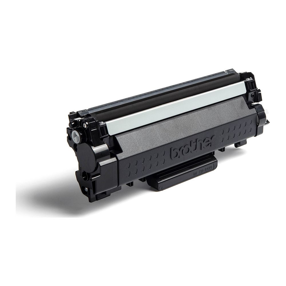 Black Brother TN-2420 toner cartridge with silver accents, close-up view.