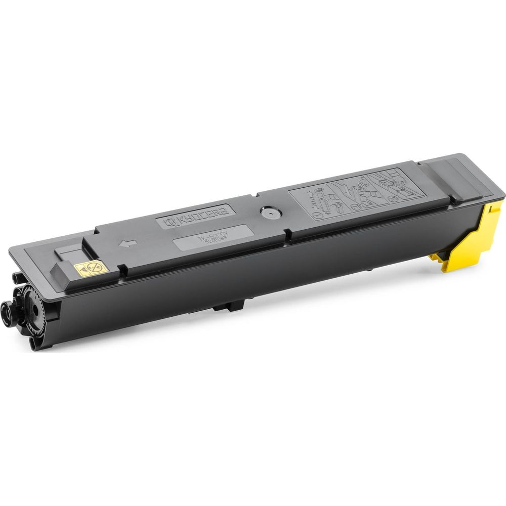 Schwarze Kyocera Tonerkartusche mit gelbem Element, auf weißem Hintergrund.
