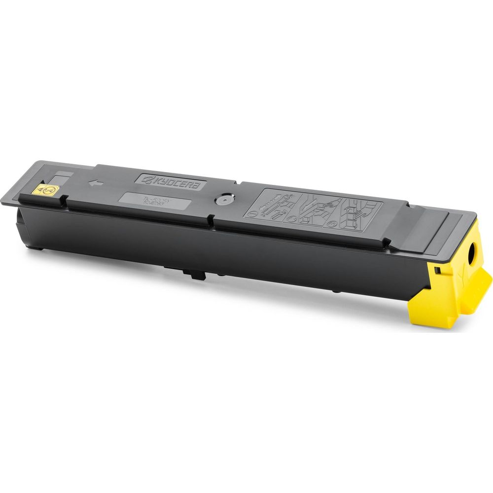 Ein schwarzer Kyocera-Toner mit gelbem Ende auf weißem Hintergrund.