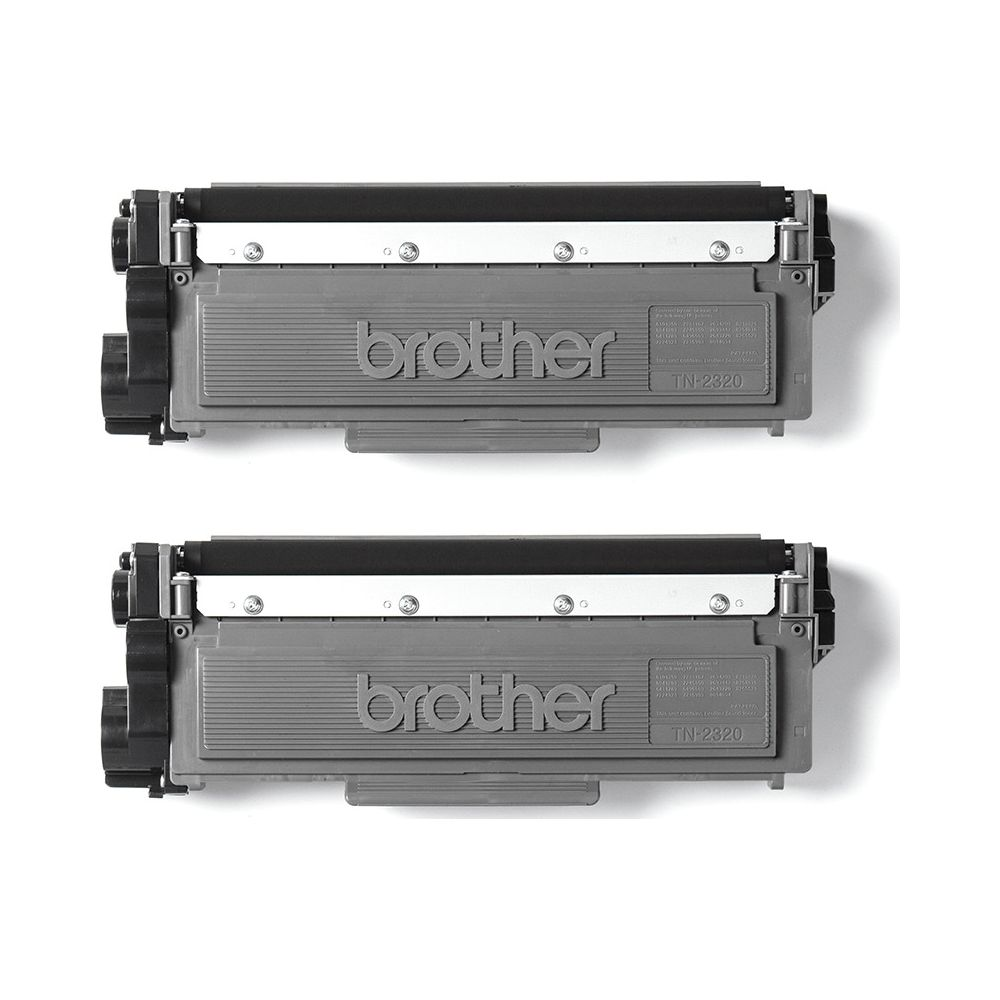 Deux cartouches de toner Brother TN-2320 grises côte à côte sur fond blanc.