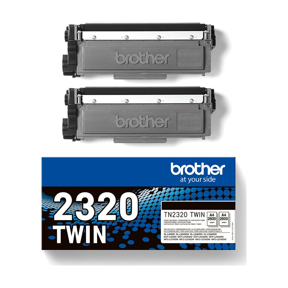 Deux cartouches de toner Brother TN-2320 au-dessus d'un emballage.