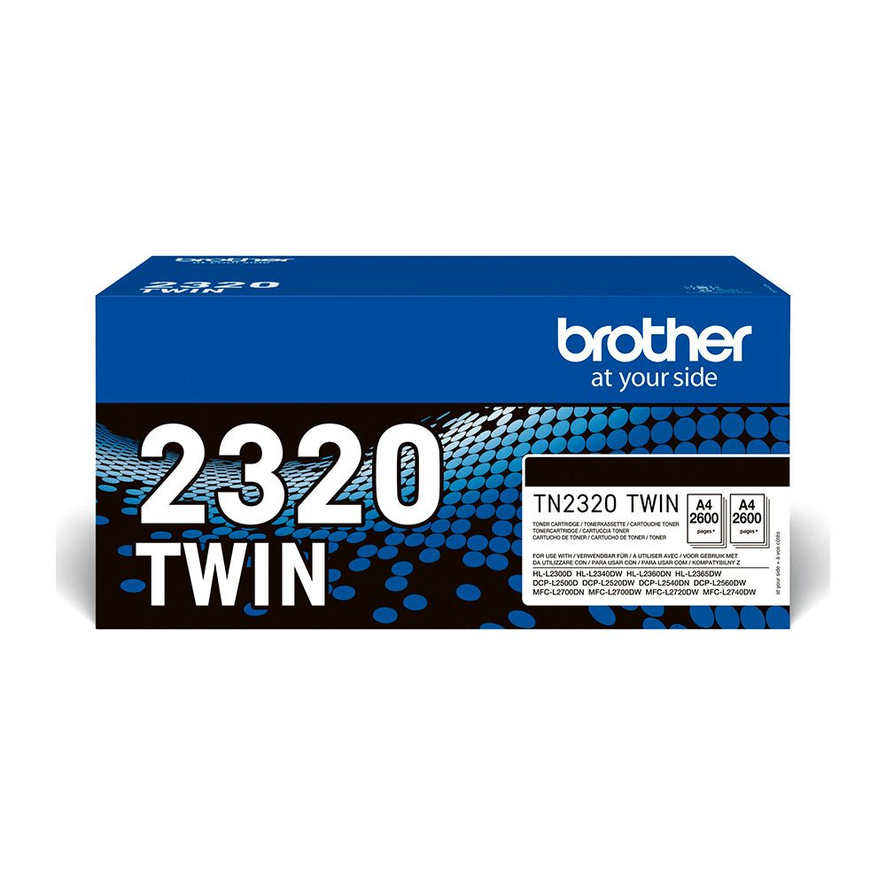 Emballage de toner Brother TN2320 Twin indiquant le numéro de modèle et le rendement.