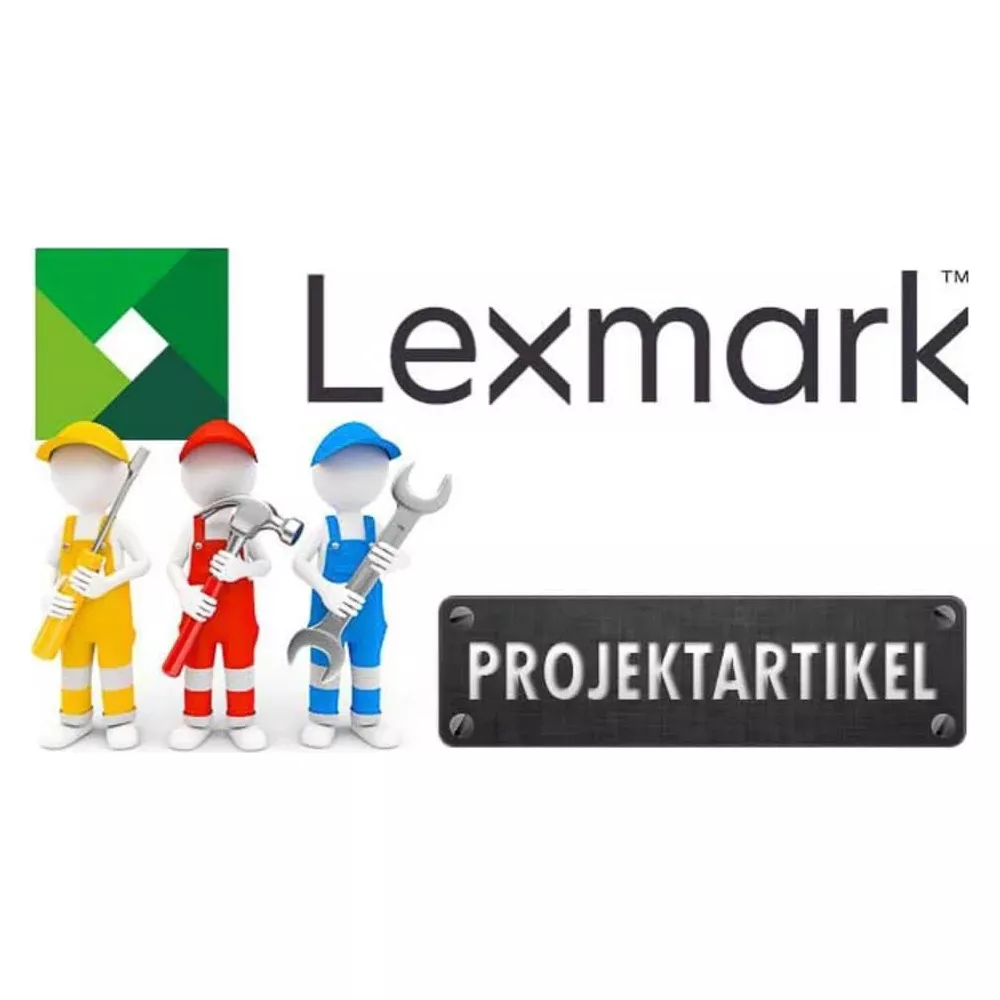 Logo Lexmark avec trois personnages en salopette et outils. Panneau article projet.