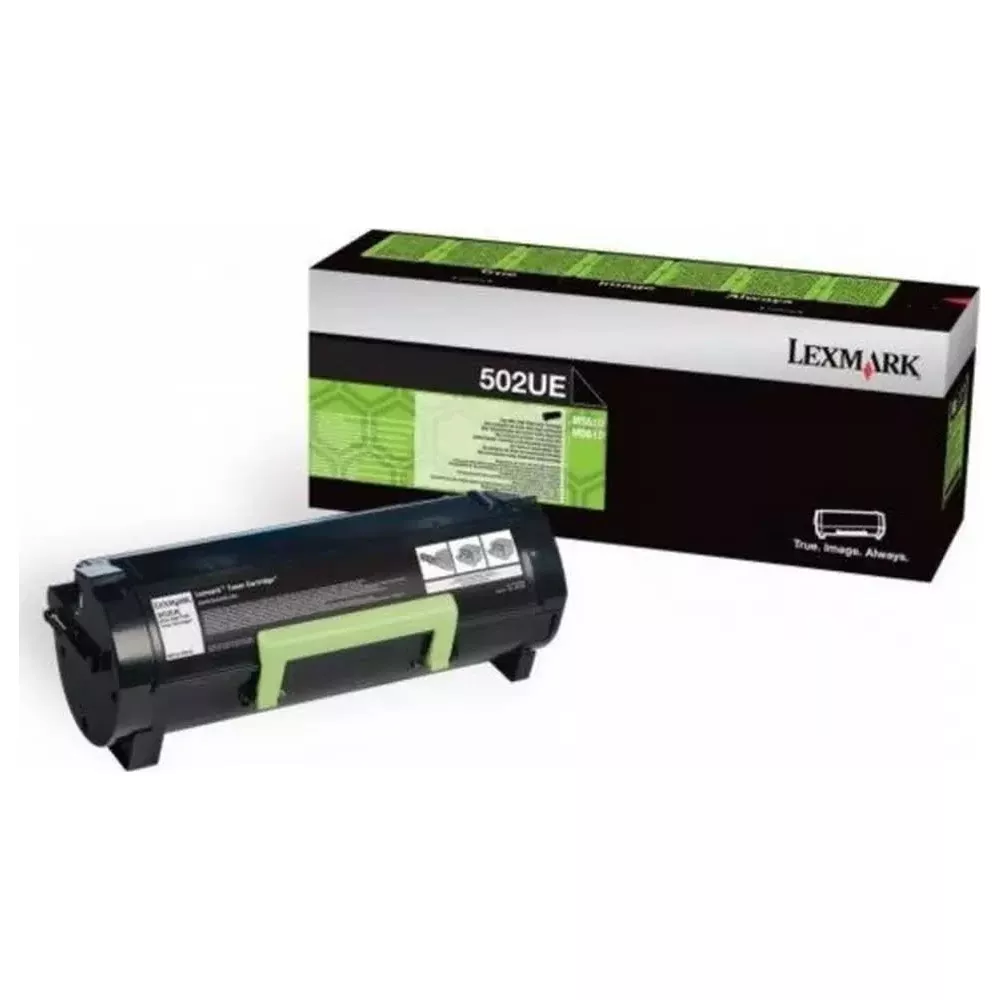 Cartouche de toner Lexmark 502UE à côté de sa boîte.