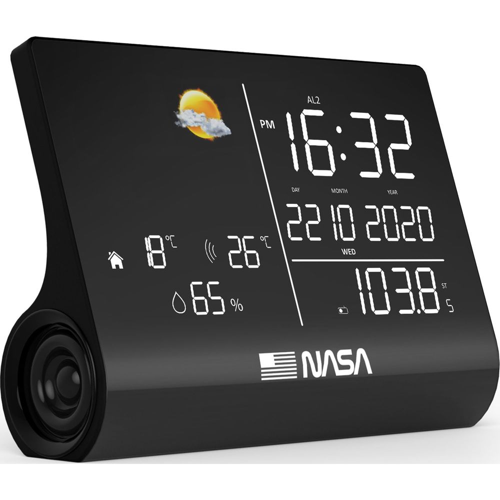 Czarny zegar cyfrowy pokazuje 16:32, 18°C, 26°C, 65% wilgotności i logo NASA.