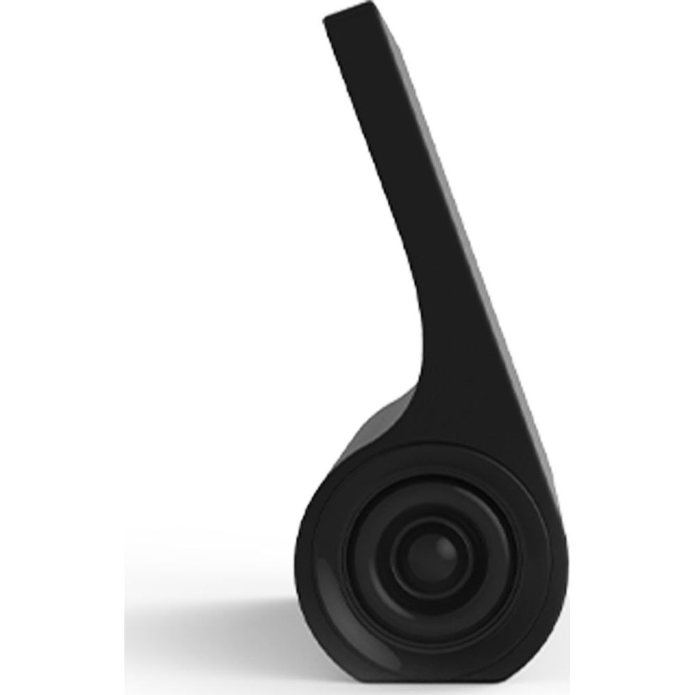 Czarny głośnik z zakrzywionym stojakiem na białym tle.