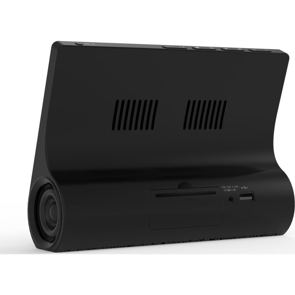 Czarne urządzenie z obiektywem z boku i otworami wentylacyjnymi na górze.