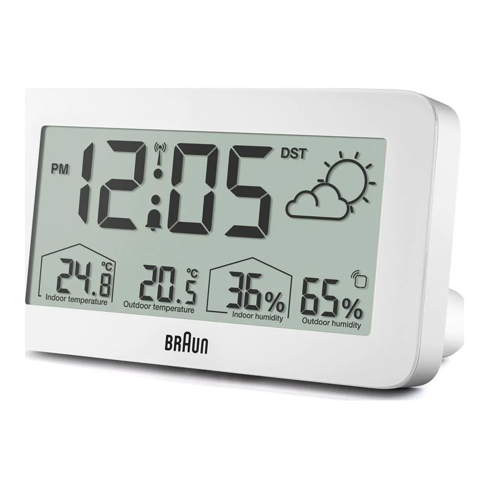 Braun Digitaluhr zeigt 12:05 Uhr, Innentemperatur 24,8°C, Außentemperatur 20,5°C, Innenfeuchte 36%, Außenfeuchte 65%.
