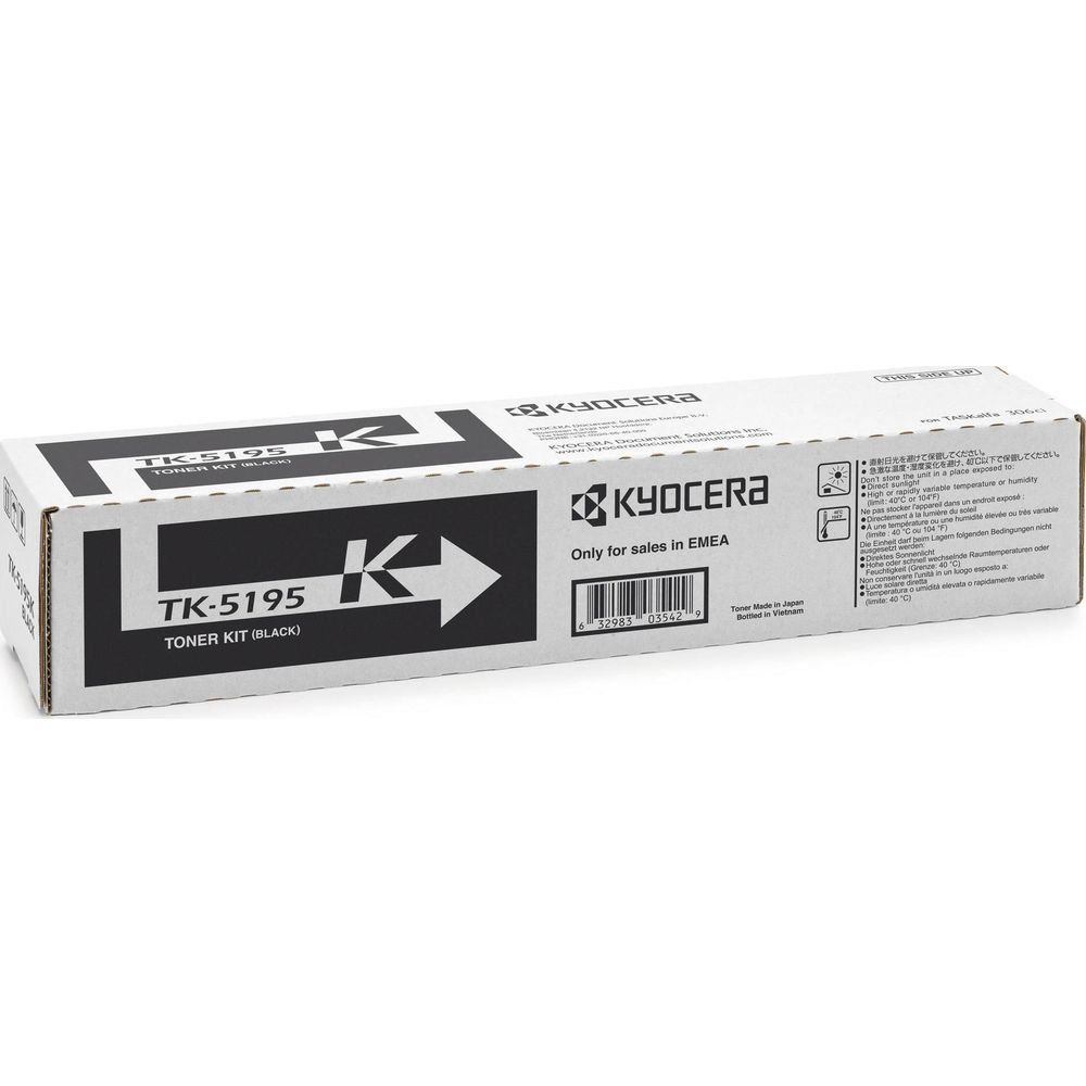 Kyocera TK-5195 Toner Kit (Zwart) doos met waarschuwingssymbolen en tekst.