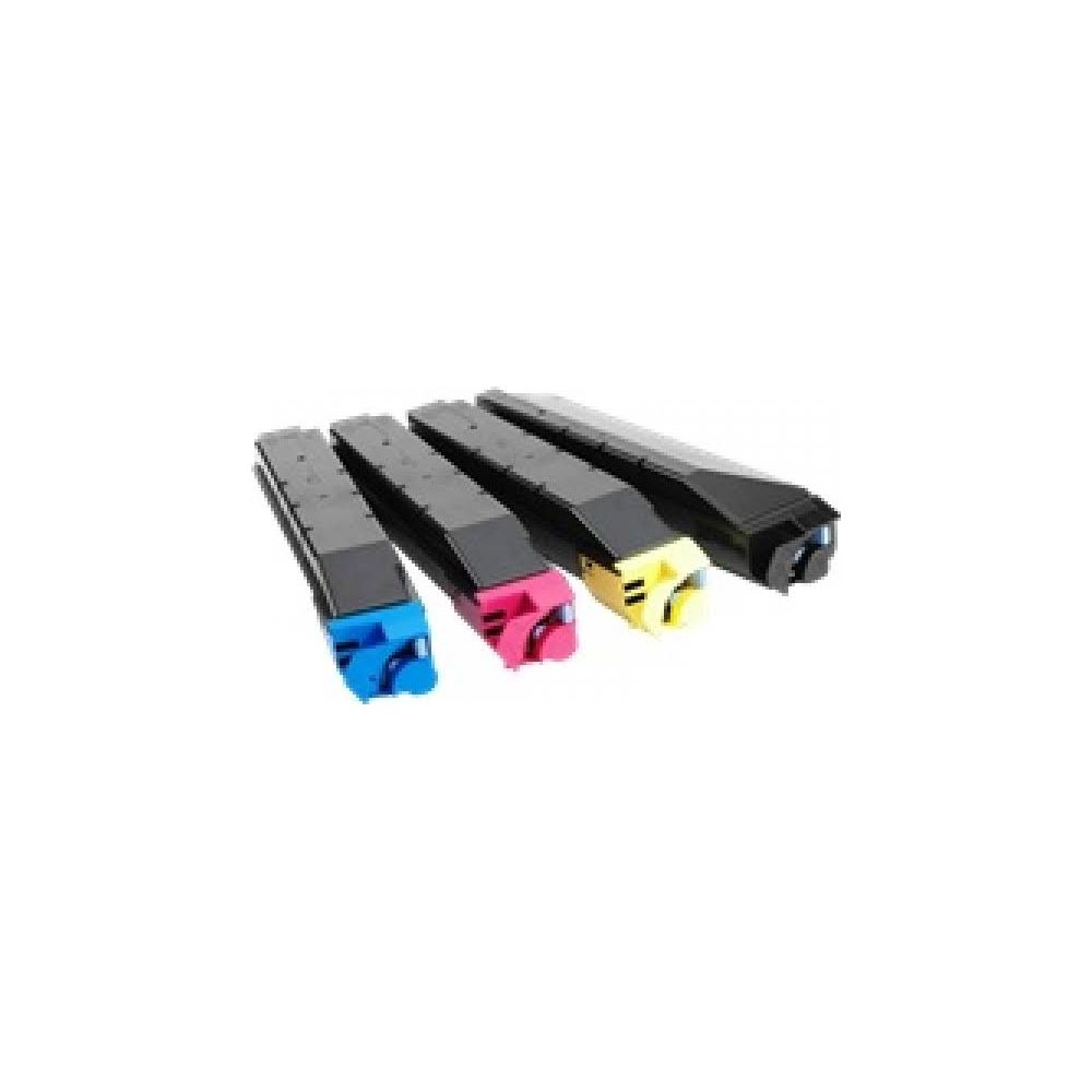 Vier tonercartridges: blauw, roze, geel en zwart, naast elkaar op witte achtergrond.