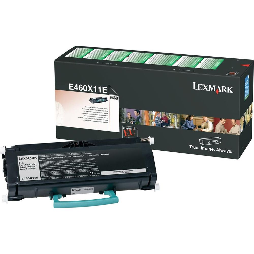 Lexmark E460X11E Tonerpatrone und Verpackung.