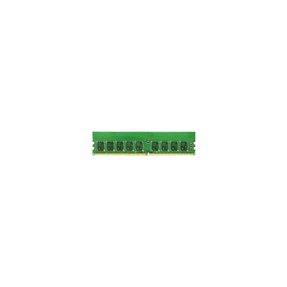 Een groene RAM-module met meerdere zwarte chips staat centraal op witte achtergrond.