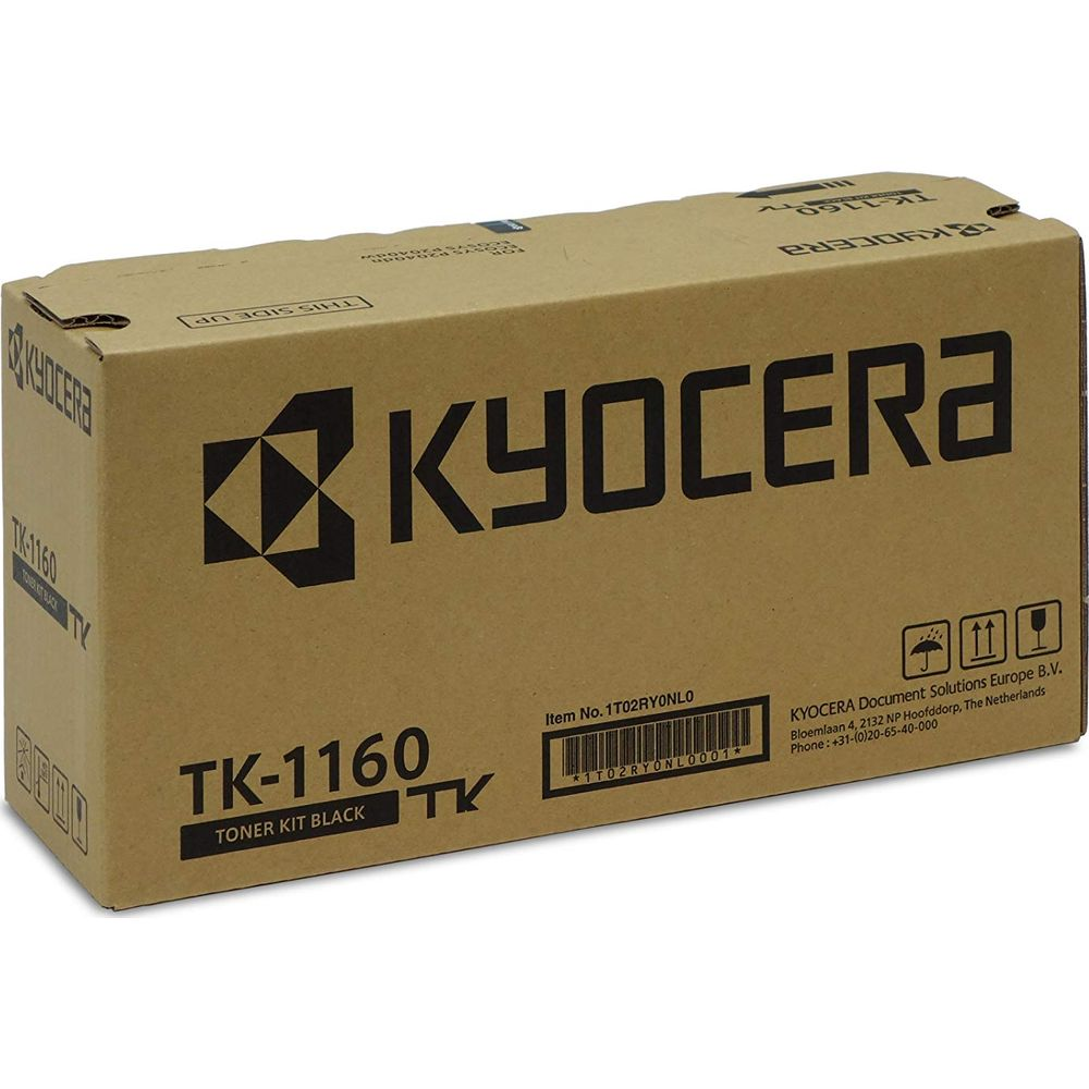 Pudełko kartonowe Kyocera TK-1160 Toner Kit Black z logo i szczegółami produktu.