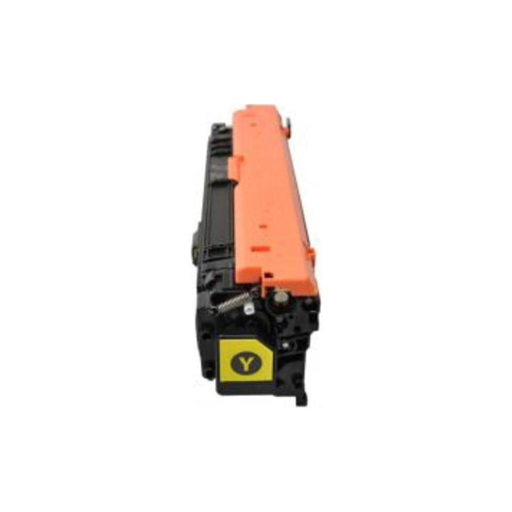 Una cartuccia toner gialla con custodia arancione, su sfondo bianco.