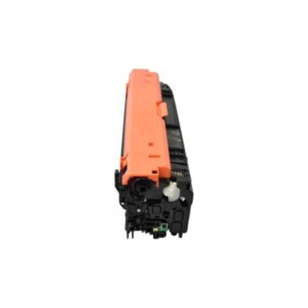 Una parte di cartuccia toner arancione e nera su sfondo bianco.