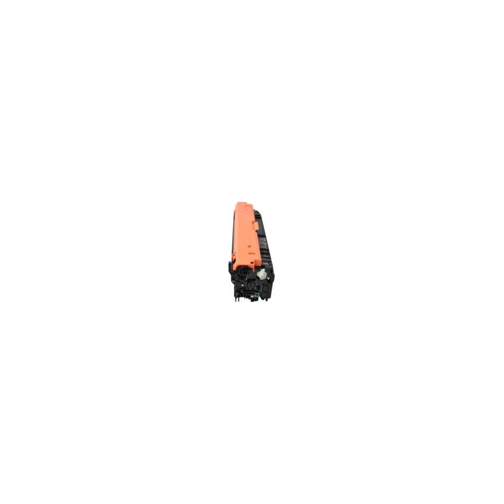 Oranje en zwarte tonercartridge, van opzij gezien.