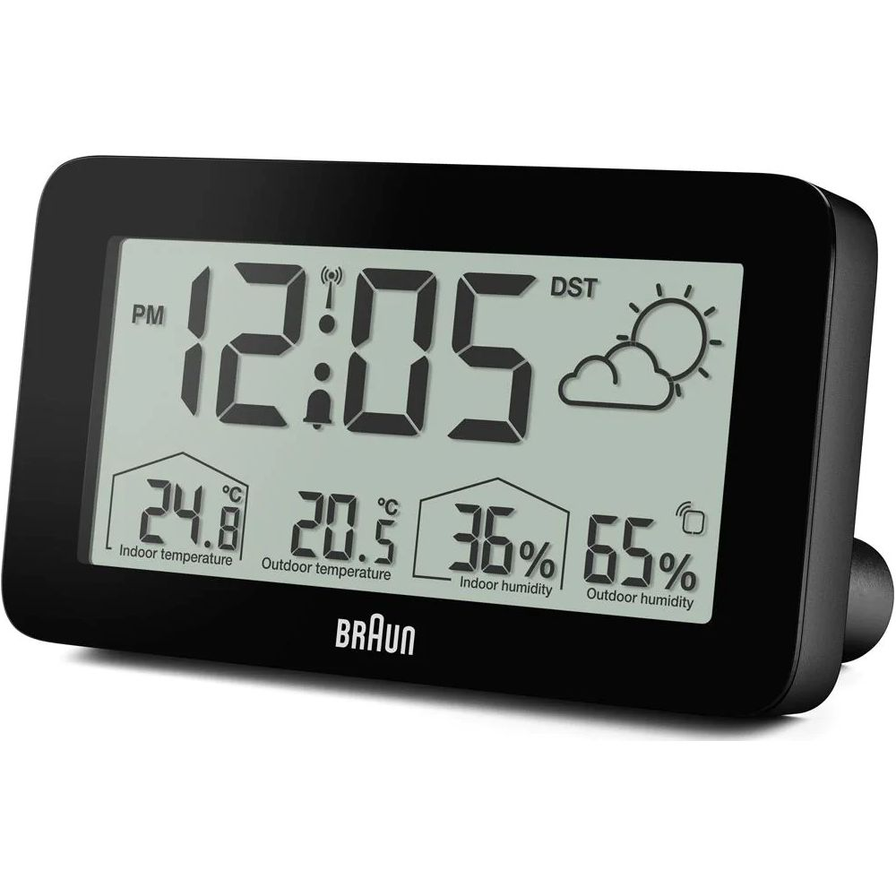 Horloge numérique affiche 12:05, temp. int. 24.8C, temp. ext. 20.5C, humid. 36%/65%.