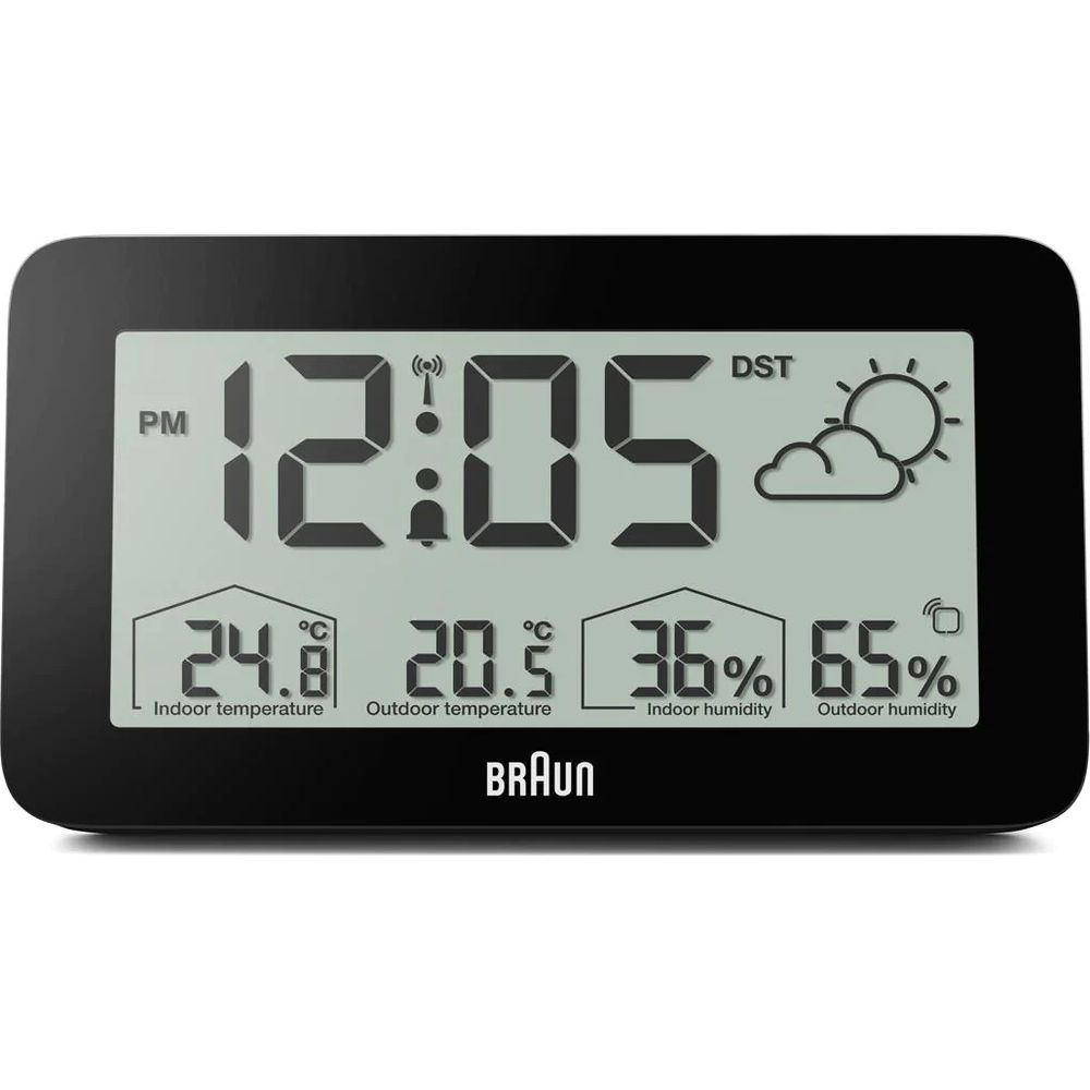 Horloge numérique affiche 12:05, temp intérieur 24.8°C, temp extérieur 20.5°C, humidité intérieure 36%, humidité extérieure 65%.