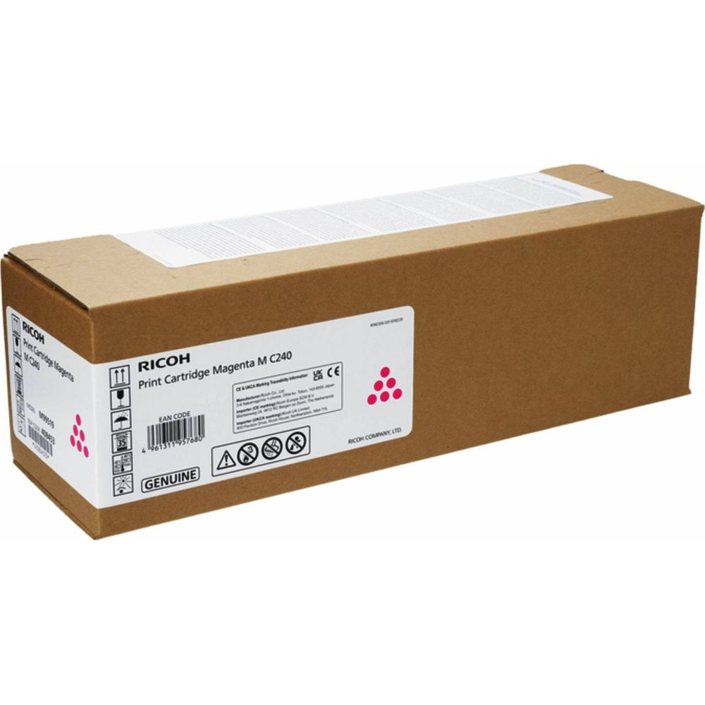 Pudełko z magenta wkładem drukującym Ricoh, z informacjami i symbolami.