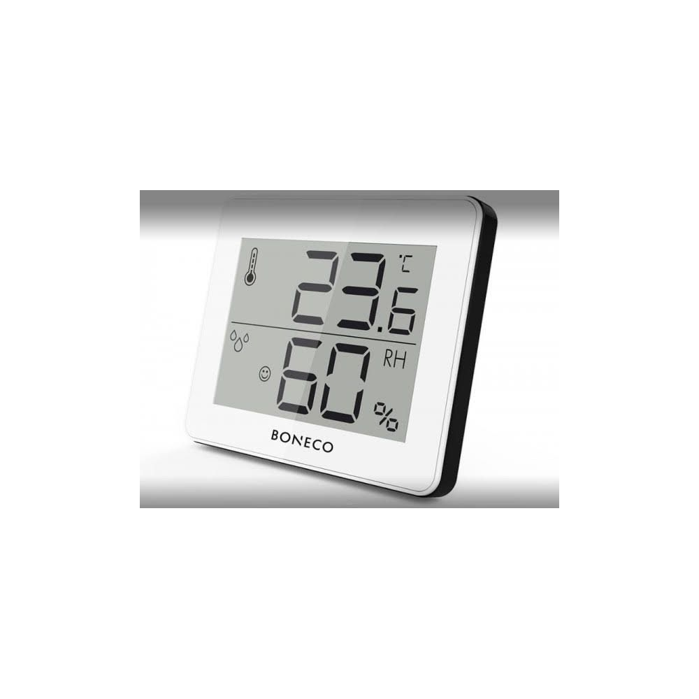 Ein digitales Thermometer zeigt 23.6 Grad an, ein Hygrometer 60% RH.