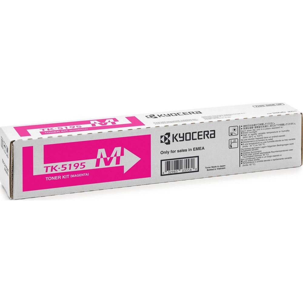 Kyocera TK-5195 Magenta Toner Kit doos met waarschuwingspictogrammen.