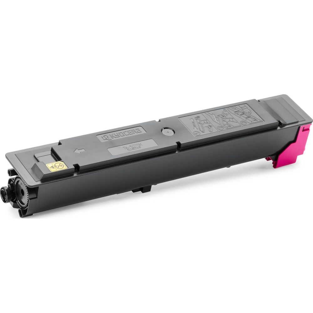 Cartucho de tóner Kyocera TK-5215M en magenta, negro y gris, con símbolos.