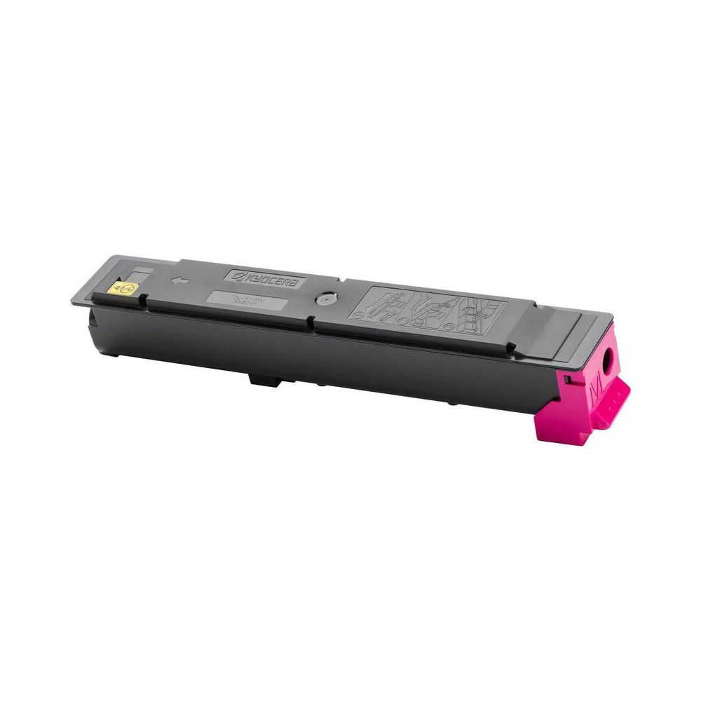 Een zwarte Kyocera toner cartridge met roze dop.