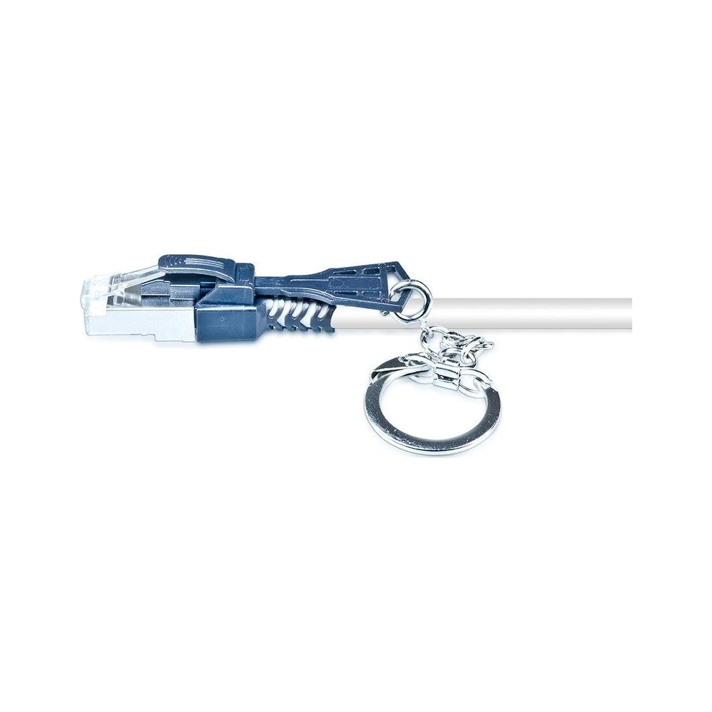 Un connecteur RJ45 bleu avec un porte-clés attaché.
