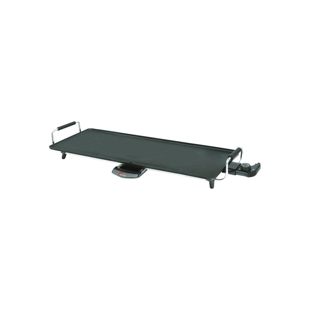 Eine schwarze elektrische Grillplatte mit Griffen und Temperaturregler.