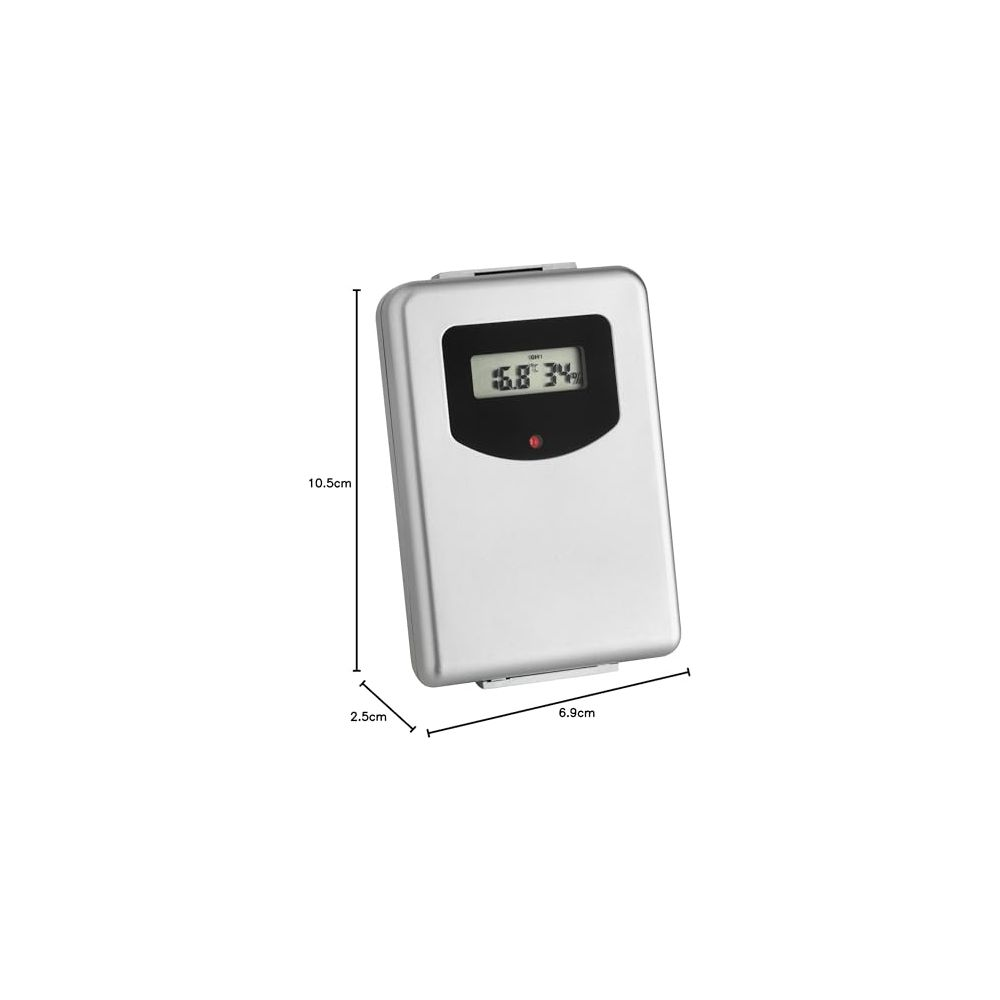 Ein silbernes digitales Thermometer zeigt 16,8 und 34% an.