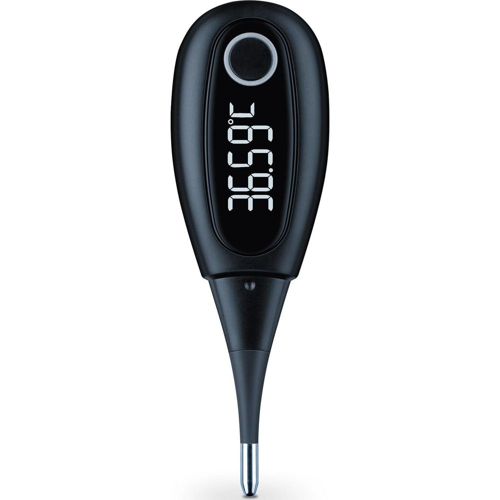 Ein schwarzes digitales Thermometer zeigt 36,59 C an.