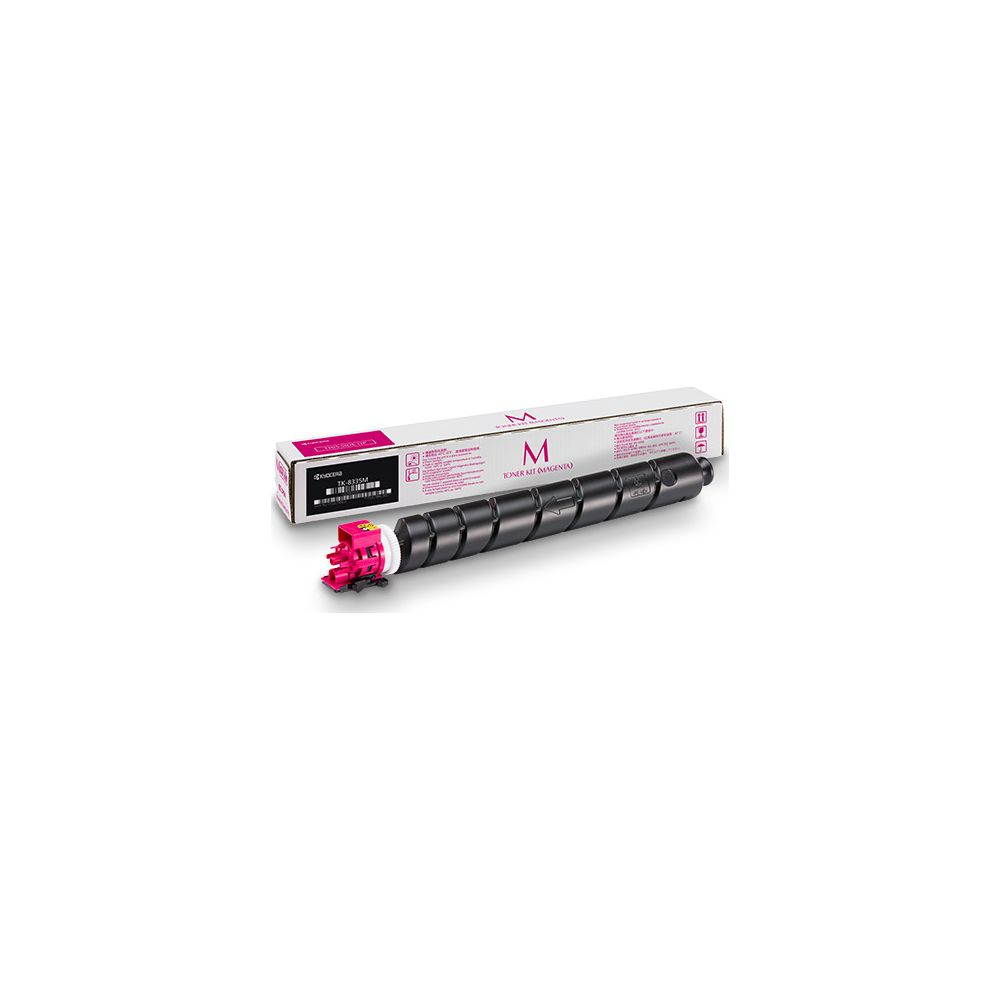 Een magenta toner cartridge met verpakking, op een witte achtergrond.